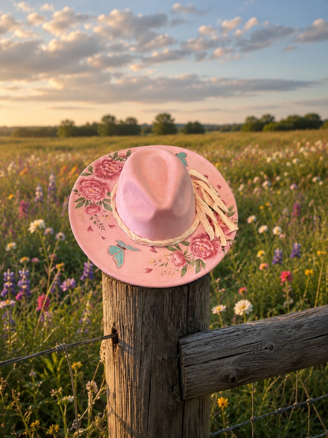 Pink hand-painted Western hat with peonies and butterflies, mounted on a post in a wildflower meadow at golden hour