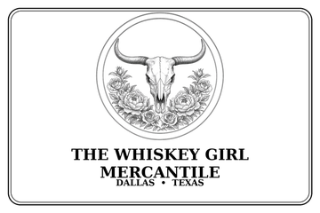 Whiskey Girl Mercantile engraved hat patch — circular seal with skull, butterfly, and florals