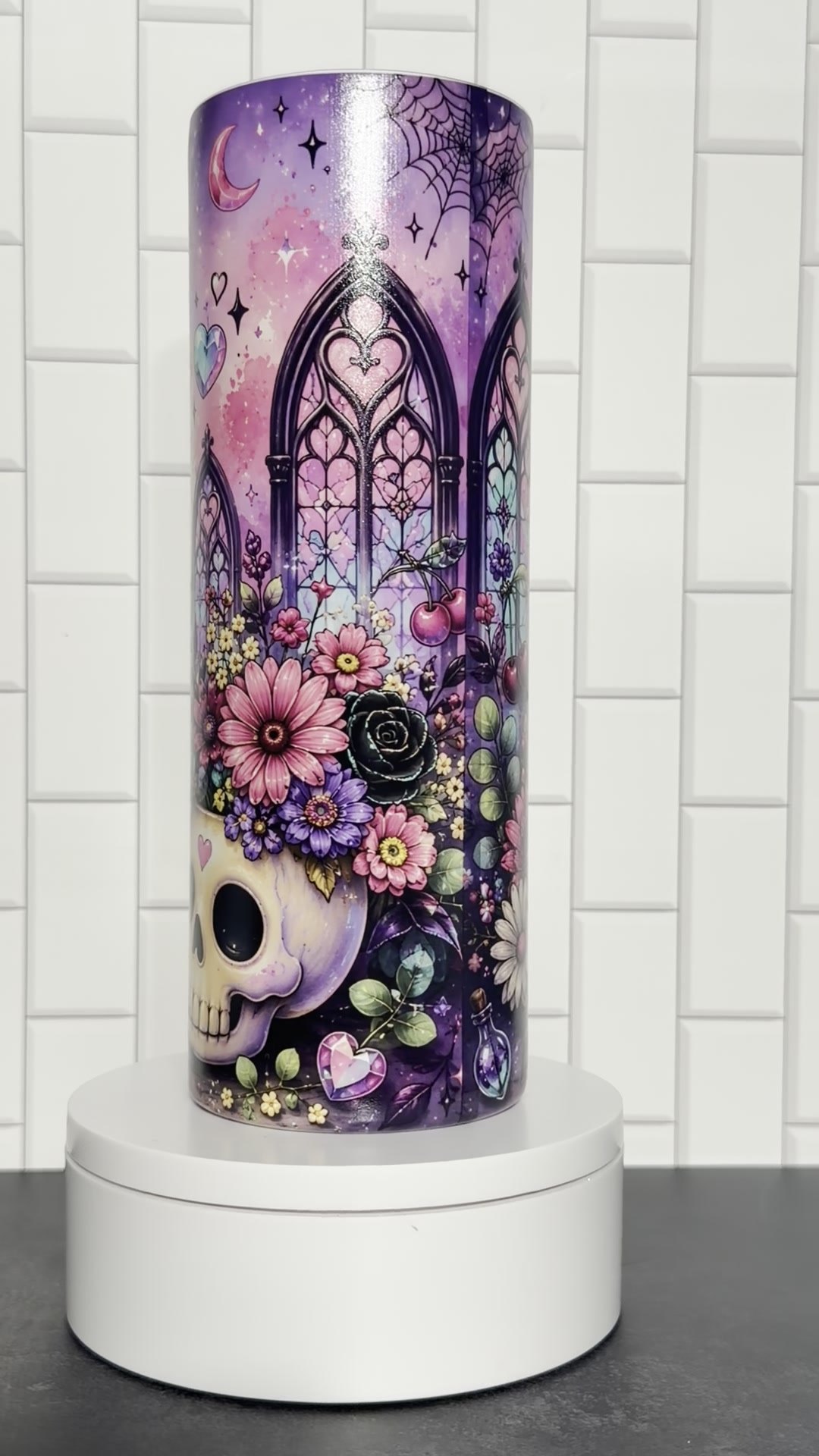 Pastel gothic skull tumbler with florals and stained glass