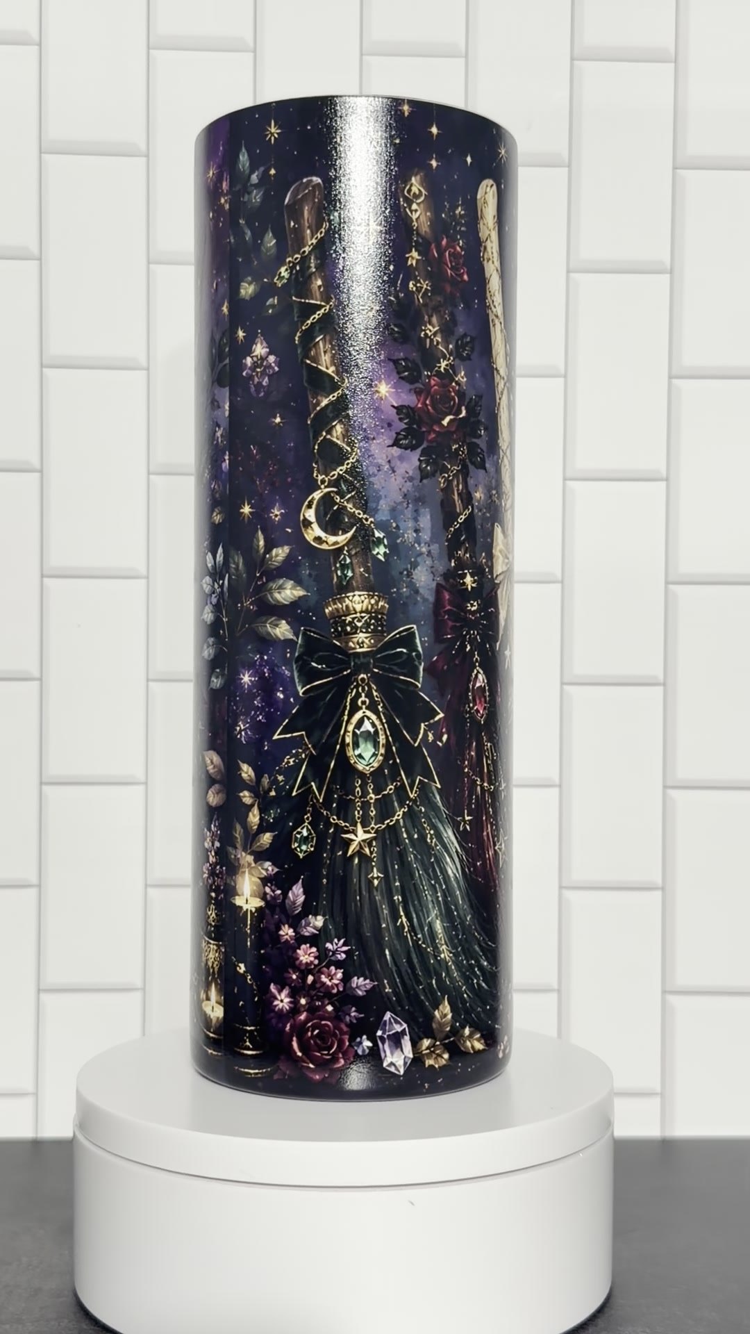 Celestial witch broom tumbler in midnight purple