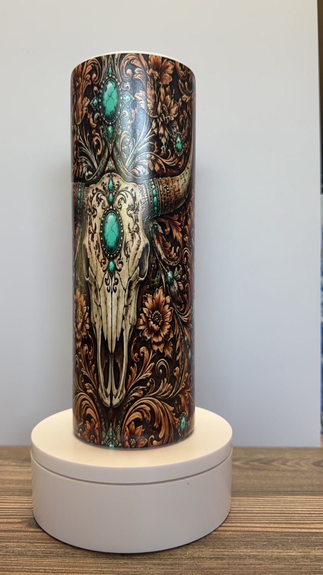 Western tooled leather steer skull tumbler
